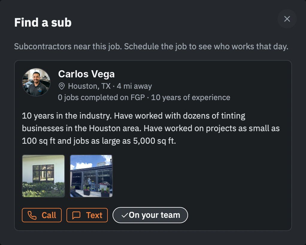 A subcontractor's card in Find a Sub: photo, distance from the job, years of experience, work photos, and Call and Text buttons
